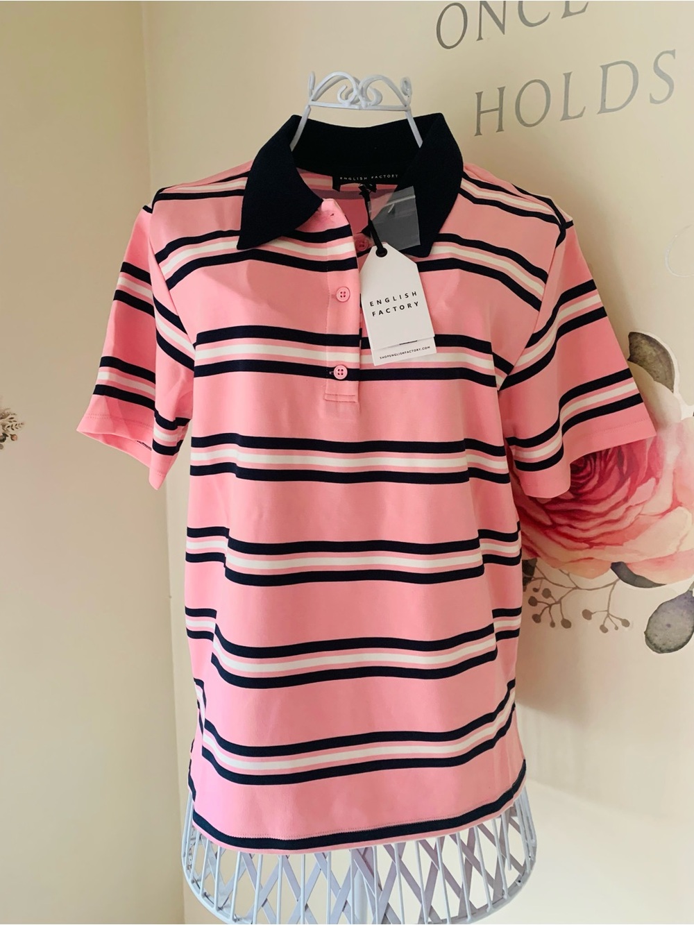 English Factory Stripe Knit Polo Top Pink Multi Size Small Preppy